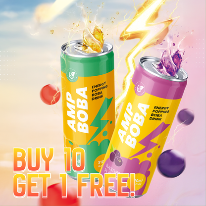[Buy 10 Get 1 FREE] AMP Boba Energy Popping Drink (11-Case Bundle) - Mix & Match Orange/Black Currant | Perfect for Group Buys